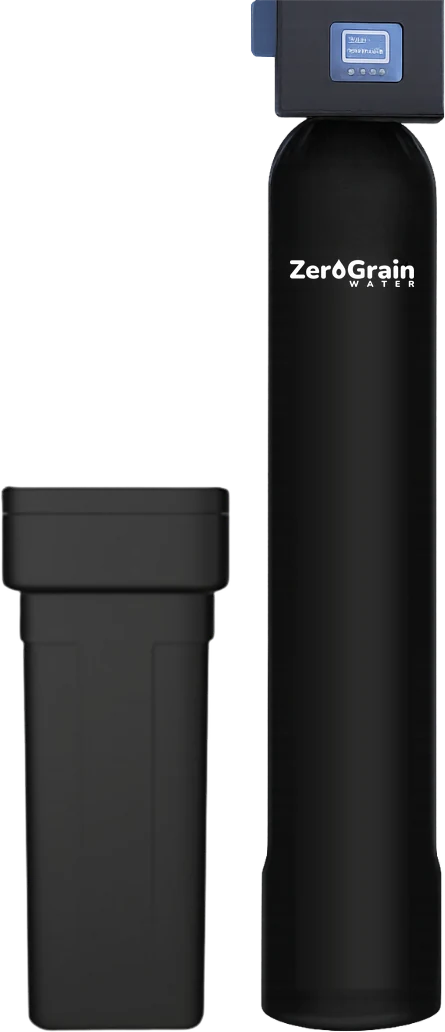 Product image of a squat brine tank on the left and a tall black softener tank on the right, its control head showing a small screen